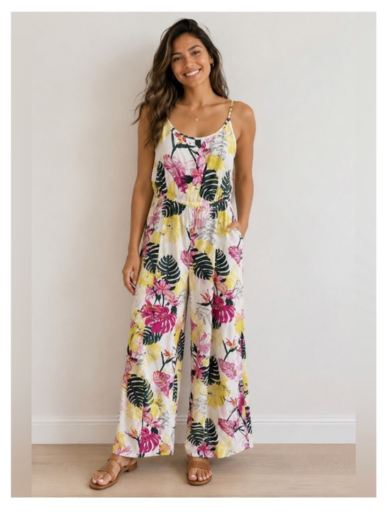 Nicole Miller Pants - Nicole Miller Linen Blend Tropical Wide Leg Jumpsuit Overalls Size Medium